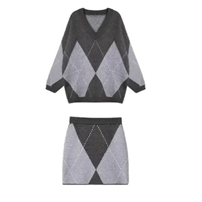 Fashionable Knitted A- Line Short Skirt Two-piece Set For Women
