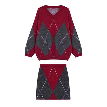 Fashionable Knitted A- Line Short Skirt Two-piece Set For Women